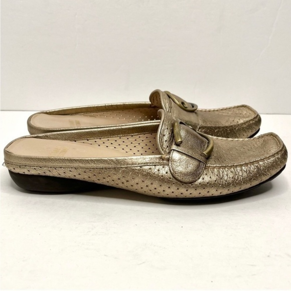 Stuart Weitzman - 8.5 - perforated leather mules metallic gold with buckle